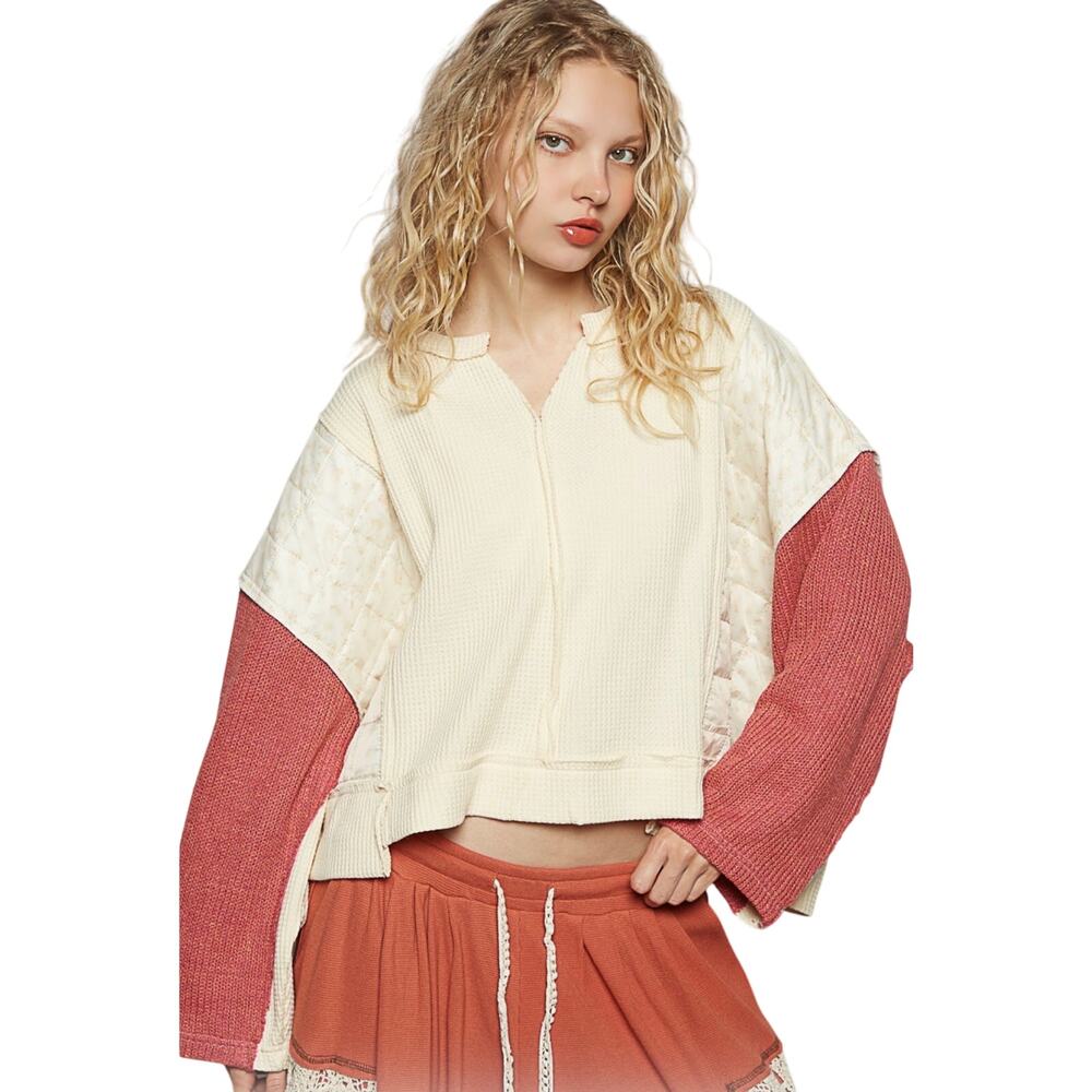 NWT POL Women’s Boho Oversized Mixed Media Quilted Thermal Top